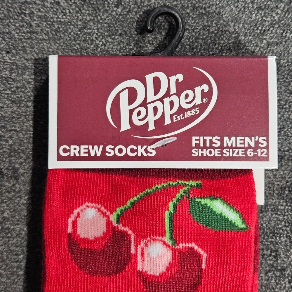 Dr Pepper Cherry Red Crew Socks Mens Shoe Size 6-12 Novelty Soda Logo
